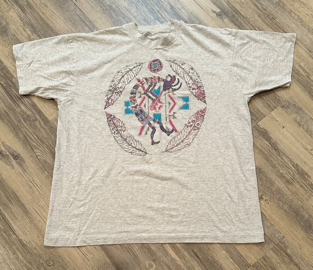 Vtg Tribal Southwestern Shirt 90s Large Gray Single-Stitch USA Aztec Native READ